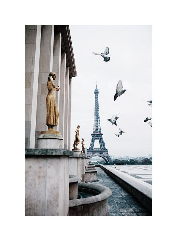 Eiffel Tower and Flying Pigeons Plakat (50x70 cm)- Paryż