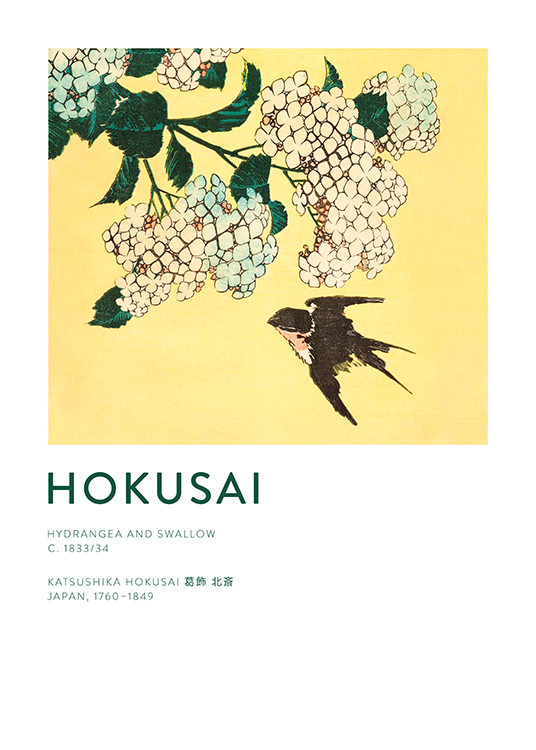 Katsushika Hokusai Hydrangea and Swallow Wall Art Poster Print 