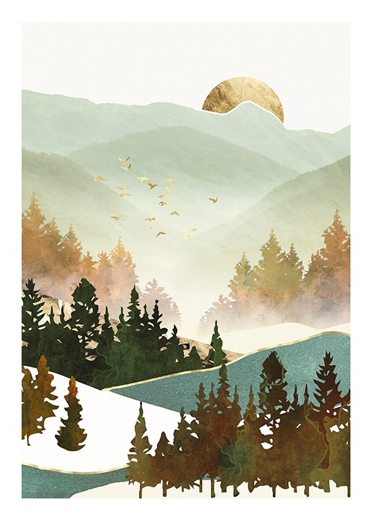 Poster Morning - Goldene grafische Landschaft Fall