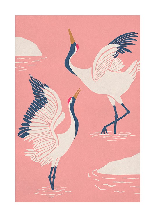 Dancing Cranes Poster - Rosa Kraniche auf