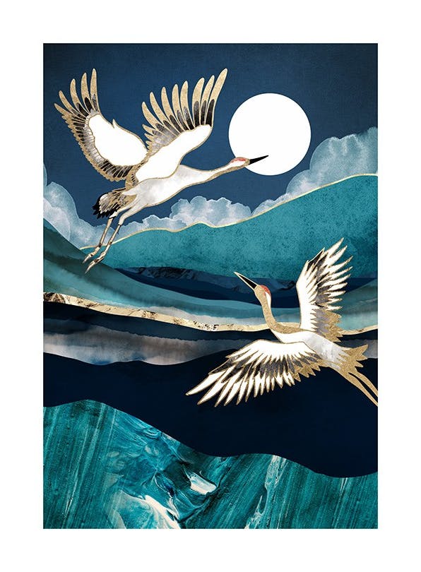 SpaceFrog Designs - Midnight Cranes Affiche (50x70 cm) - SpaceFrog Designs