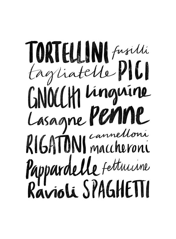 Pasta Varieties Affiche (21x30 cm) - Affiches typographiques