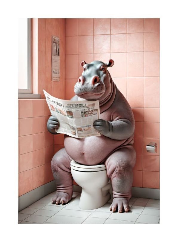 Hippo Sitting on the Toilet Affiche (50x70 cm) - Affiches d'animaux
