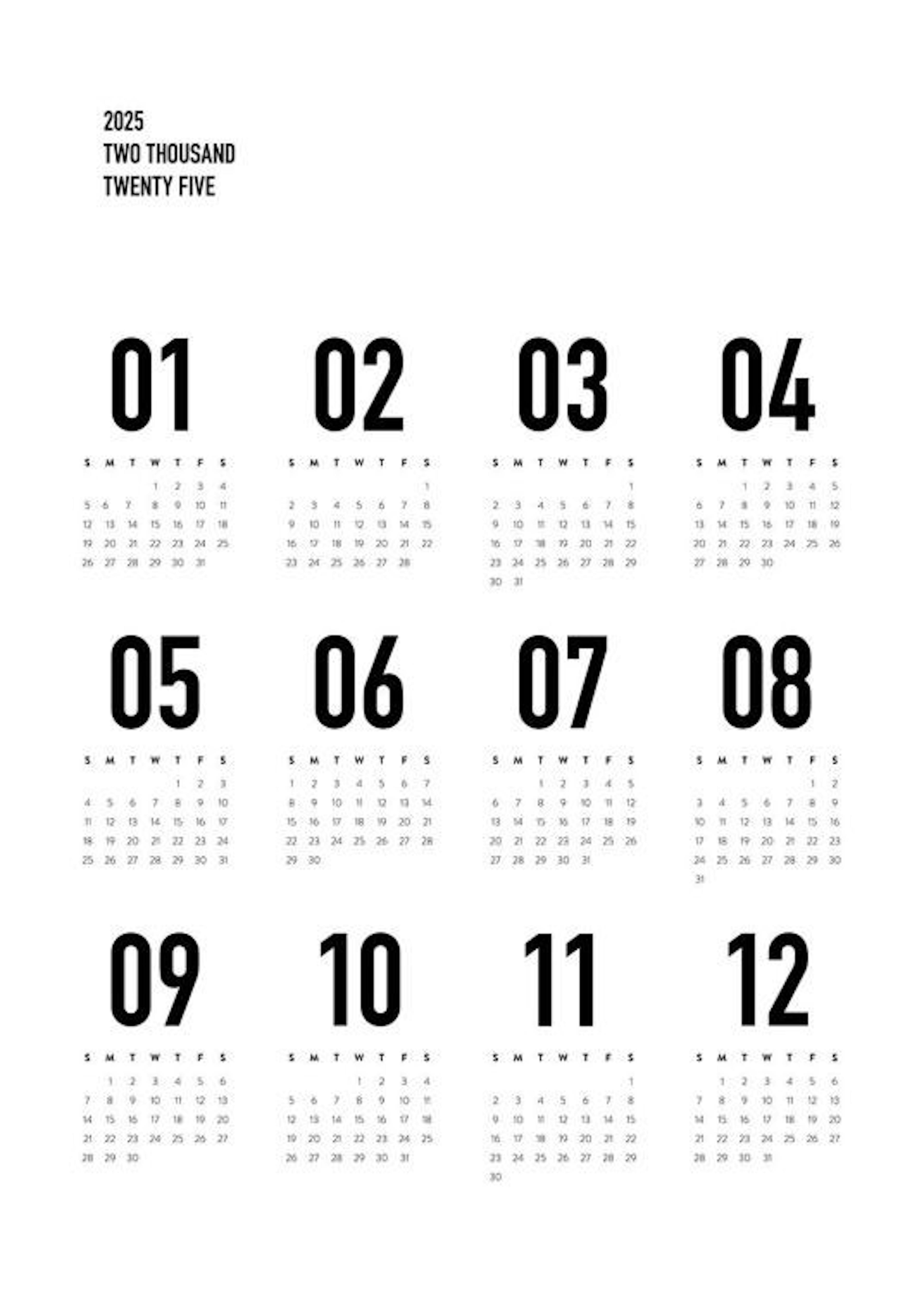 Calendar 2025 BW US Print