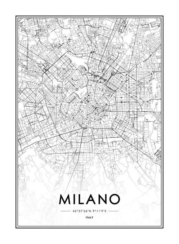 Milano Map Affiche (50x70 cm) - Affiches noir et blanc