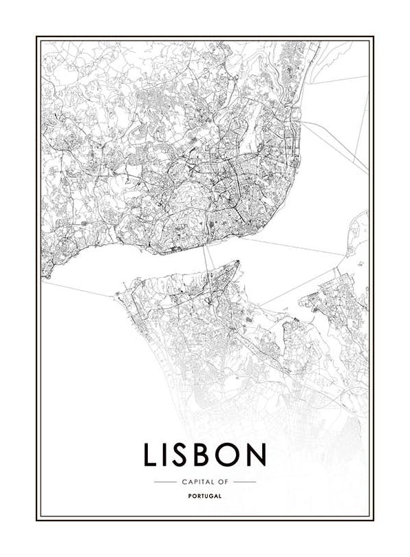 Lisbon Map Plakat (30x40 cm)- Czarno-białe plakaty