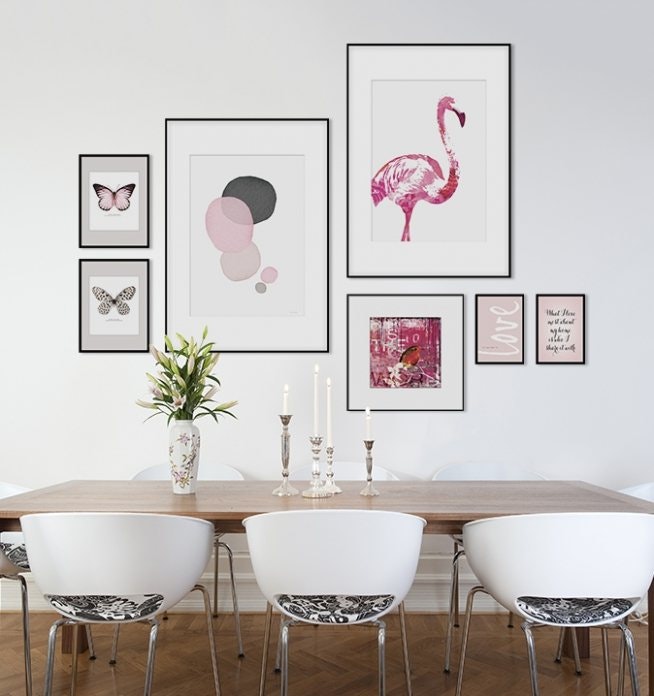 Posters and prints for a picture wall, interior design in pink and white