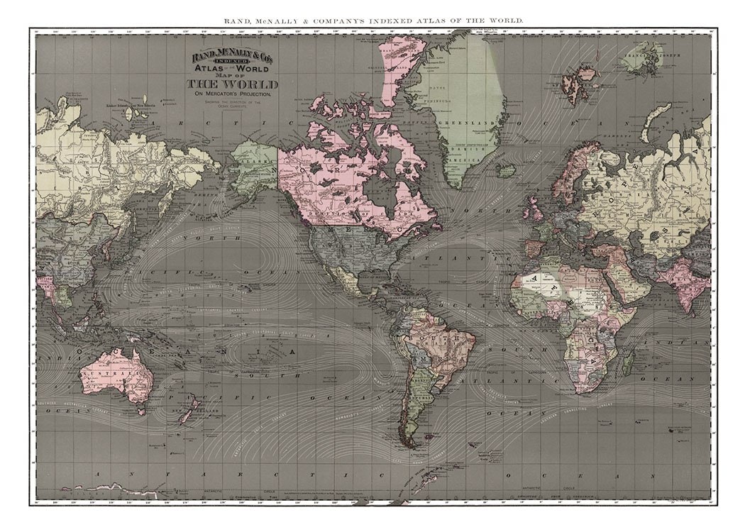 Stylish print with a world map from the 1800's, shop online