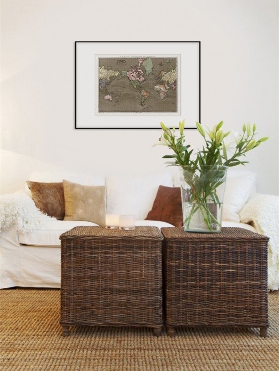 Prints with framed world map in the living room