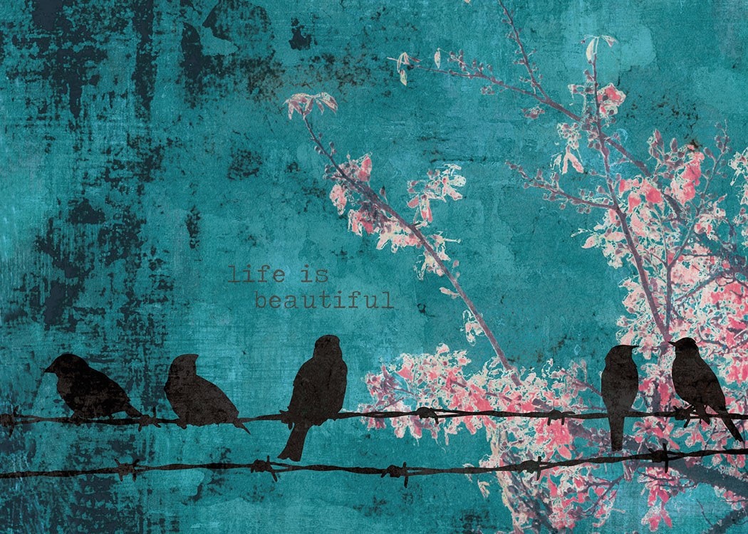 Poster with text and birds in blue and pink, shop online