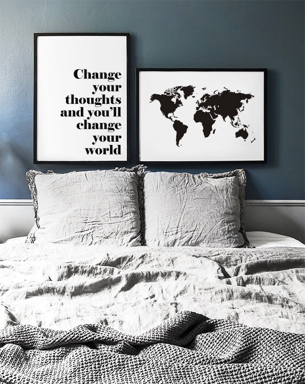 Prints and posters of a world map in a frame. Black and white posters with maps.