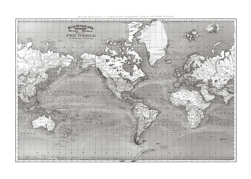 Taulut ja julisteet maailmankartoilla sommitelmassa, jossa on mustavalkoisia kuv