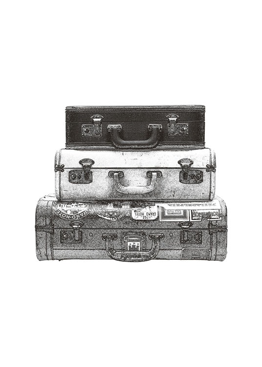 Cuadro con ilustración antigua en blanco y negro, equipaje vintage