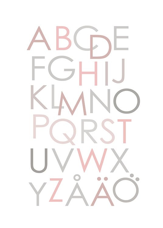 Plansch och poster med text till barnrummet, alfabetet i rosa pasteller