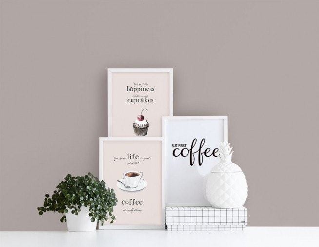 Køkkenplakater med kaffe og cupcake, webshop med plakater