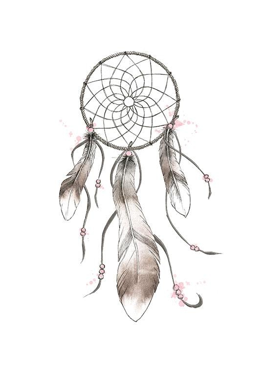 Poster with a dream catcher and feather, ethnic details for interior design