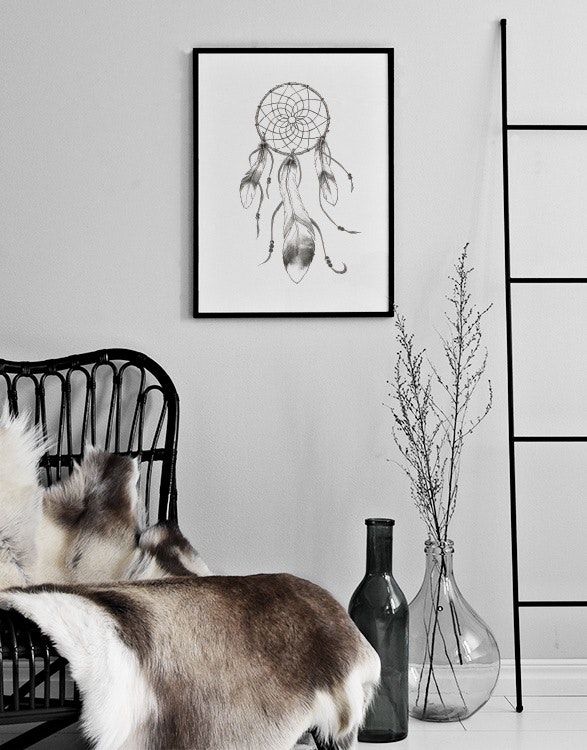 Picture collage with black and white posters, print with dreamcatcher