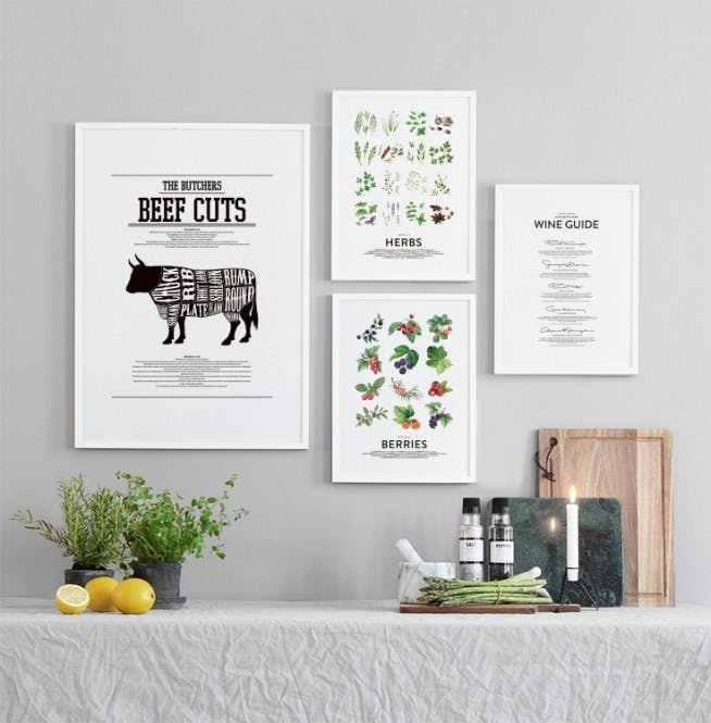 Picture wall with kitchen wall art. Posters for the kitchen with wine, herbs and