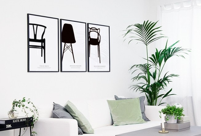 Graphic prints in a picture wall. Stylish and cheap prints online.