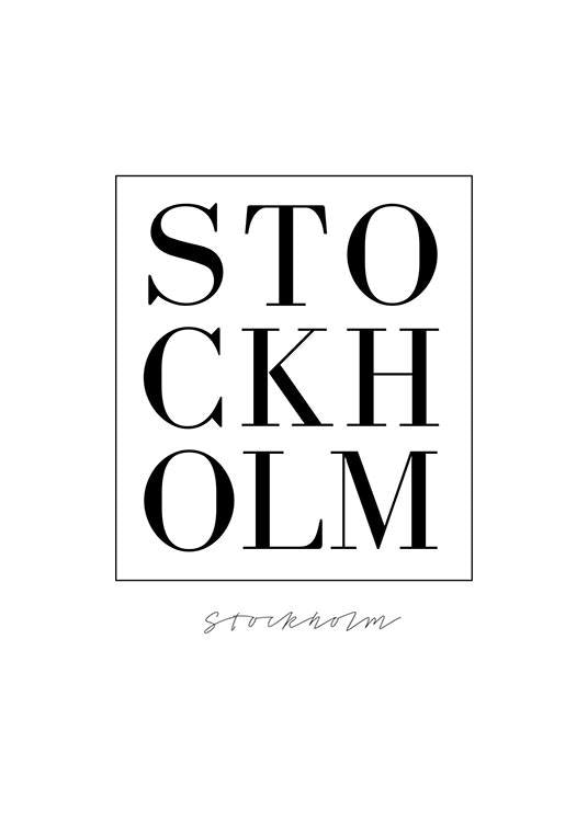 Poster og plakat med Stockholm med svarte bokstaver.