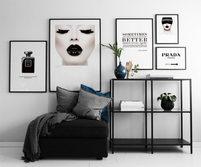 Picture wall with fashion posters in a living room, modern prints in black and w