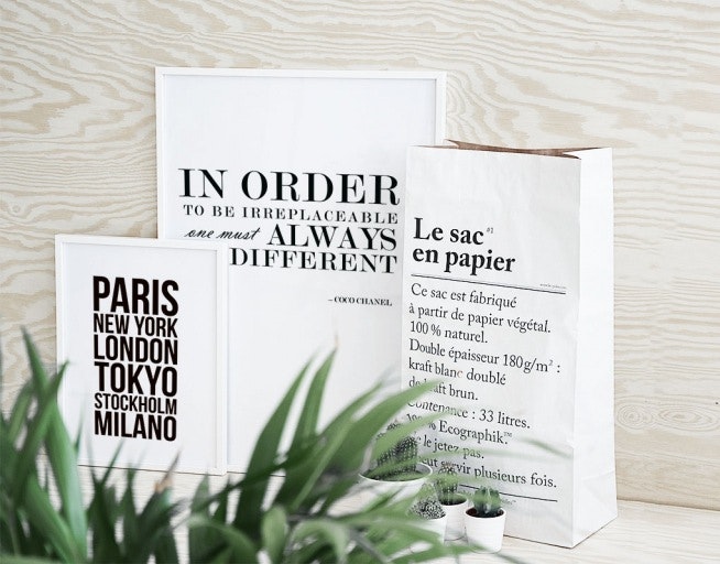Posters og plakater med tekst. Coco Chanel citat og byer, Paris, New York, Londo