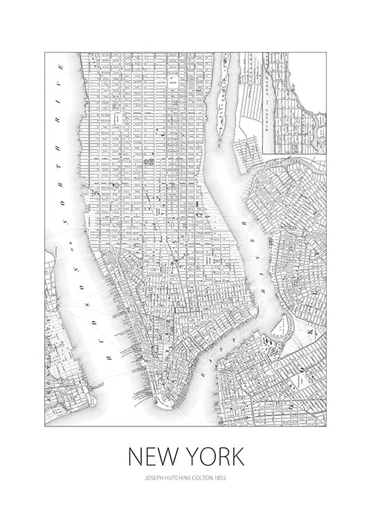 New york map svartvit poster, Prints med kartor och städer