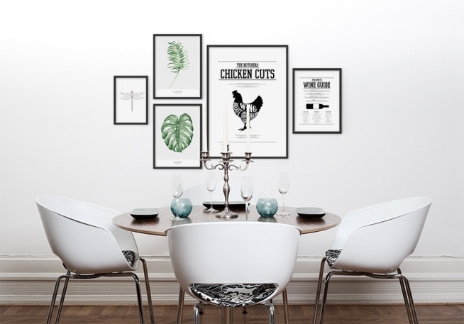 Kitchen wall art and posters, picture wall in the kitchen, chicken cuts, wine gu