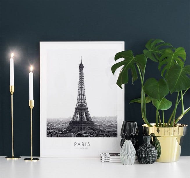 Black and white poster of the Eiffel Tower in Paris. Stylish prints and posters