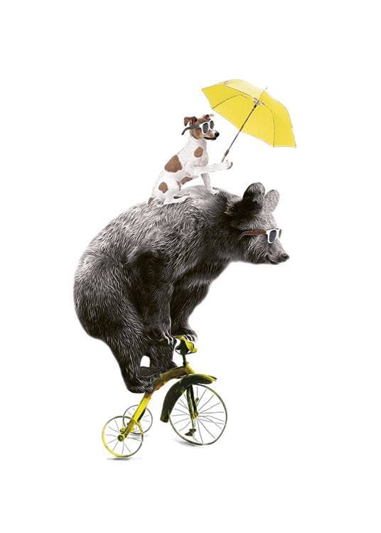 Plakat z ilustracją niedźwiedzia na rowerze