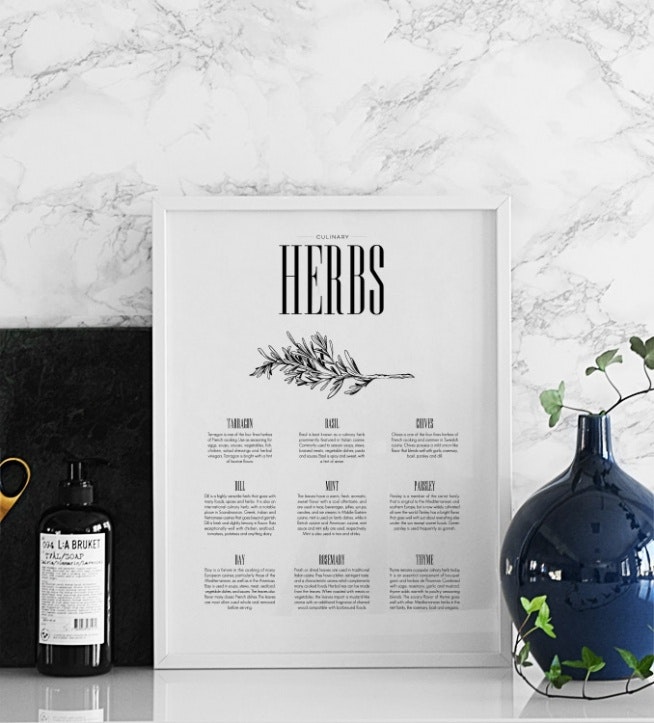 Print for the kitchen with marble and herbs, stylish marble pattern