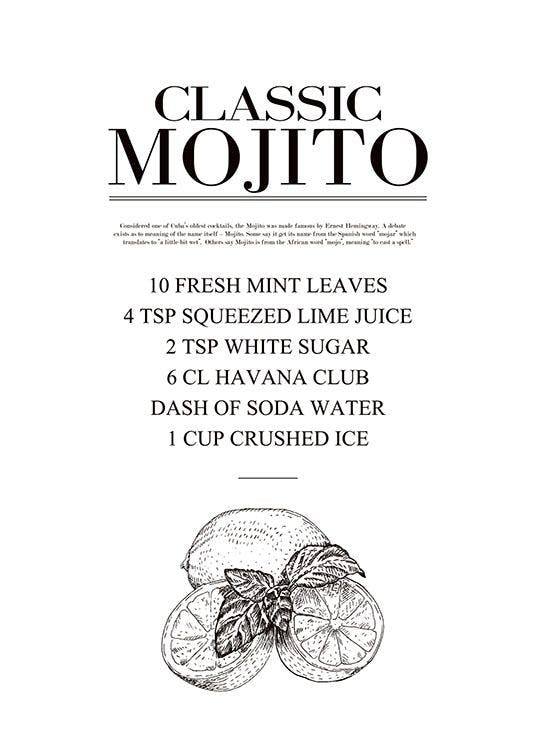 Plakat til køkkenet med drinkopskrift Mojito. Billige posters og plakater til kø