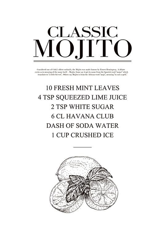 Poster til kjøkkenet med drinkoppskrift Mojito. Billige posters og plakater til