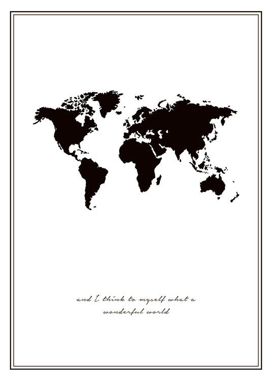 Print z mapą świata i napisem „wonderful world”