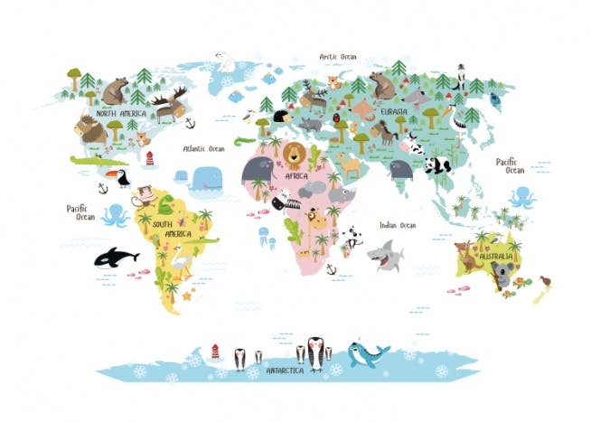 Plakaty i Printy z mapą świata dla dzieci. Printy ze zwierzętami dla dzieci