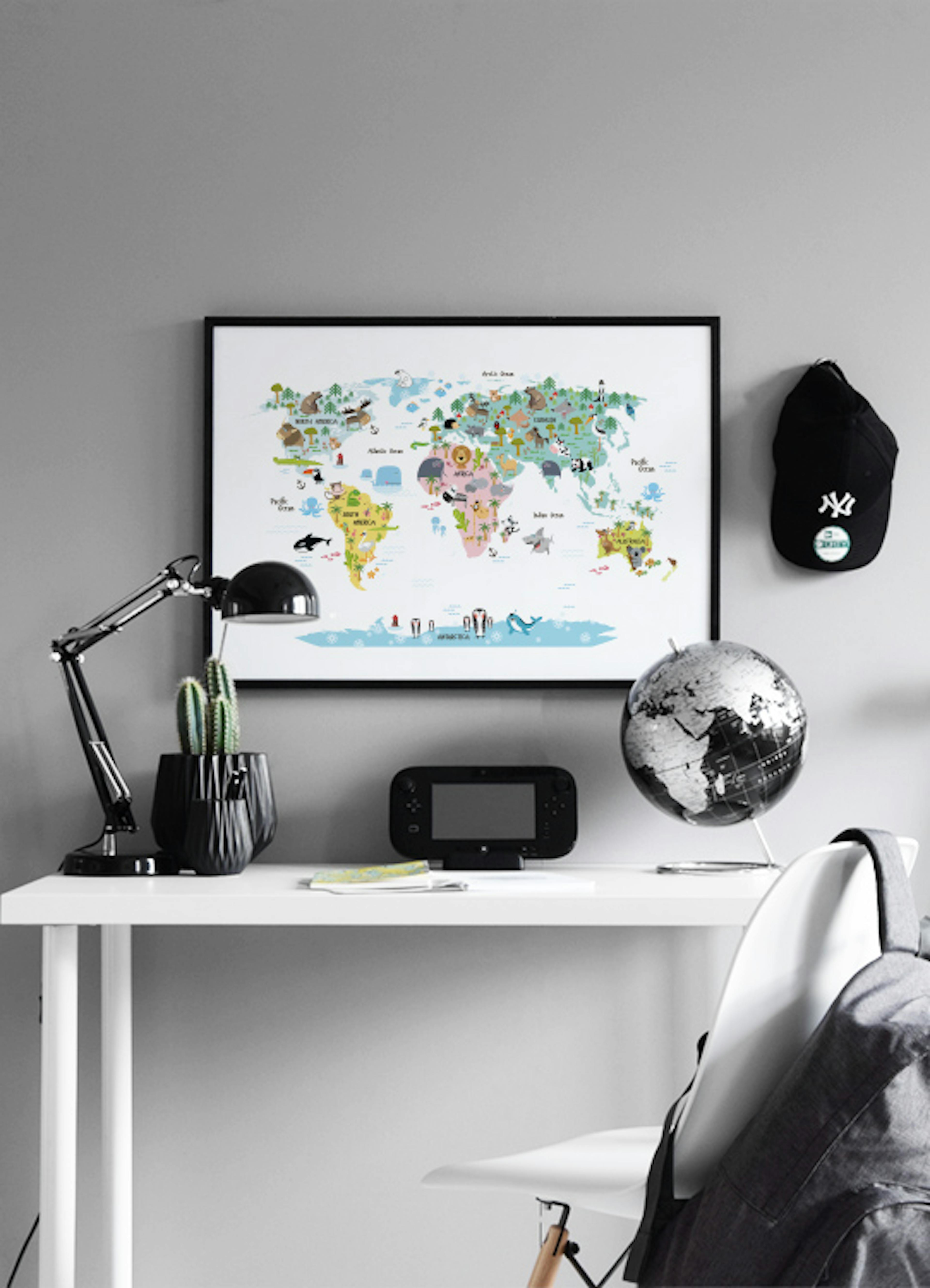 World map poster for childrens room with animals