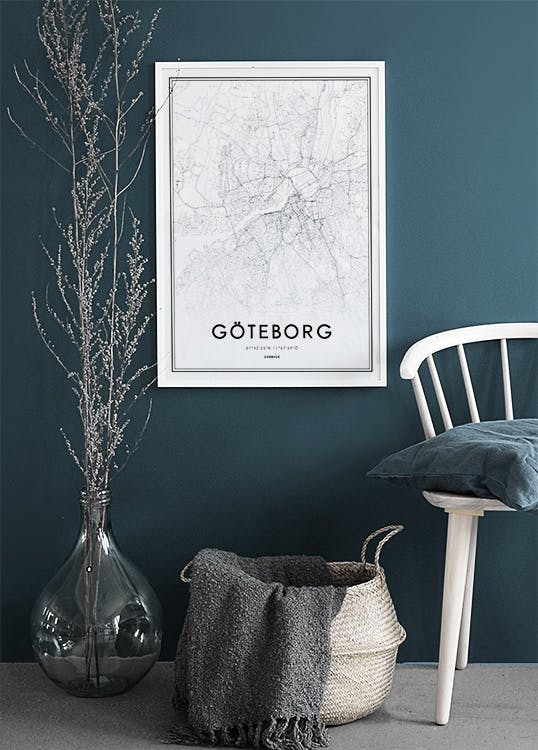 Tavla med Göteborg karta. Poster i vit ram