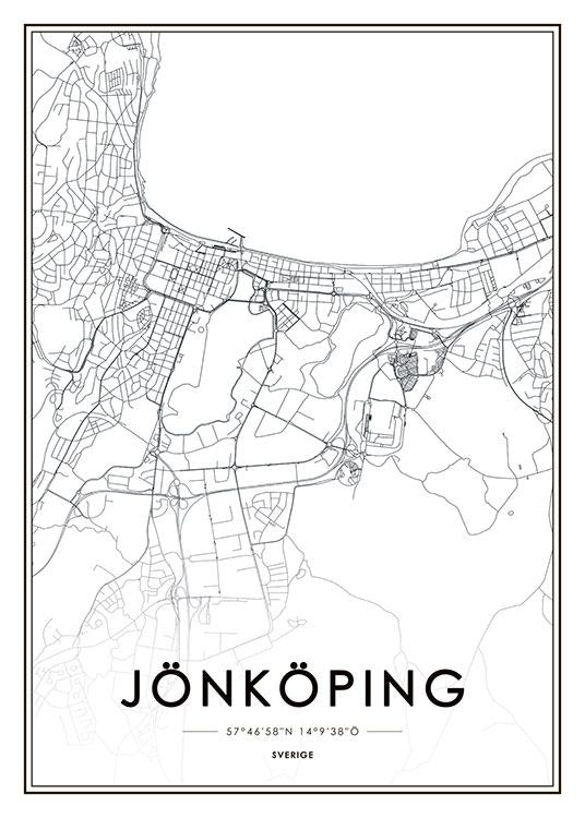 Affisch med Jönköping karta, svartvita prints på nätet