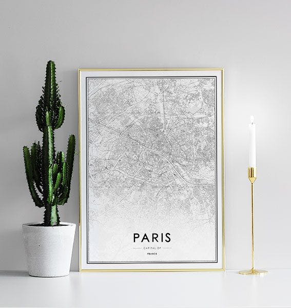 Tavla med Paris karta. Poster / affisch med Paris stadskarta