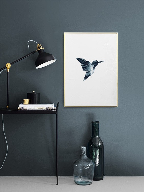 Graphic art-Poster / -Plakat mit einem blauen Vogel in geometrischen Formen