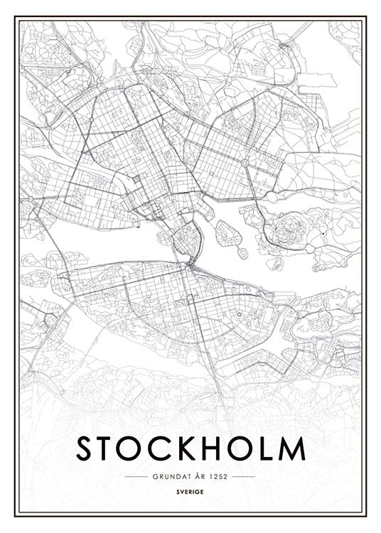 Plakat svarhvitt kart av Stockholm, vintage kart på posters og plakater