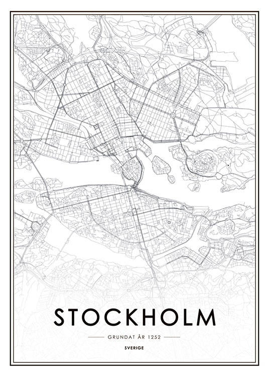 Poster, schwarz-weiße Karte von Stockholm, Vintage-Karten auf Plakaten und Poste
