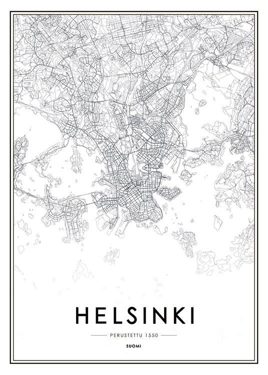 Poster with a map of Helsinki | Black and white prints of cities and maps –  