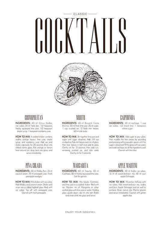 Cocktails juliste, taulut resepteillä keittiöön