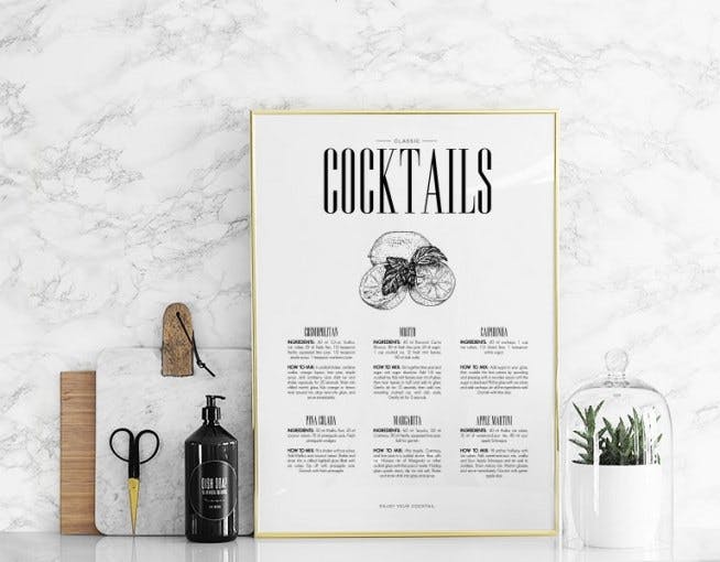 Trendy kjøkkenplakat med drinker cocktails til moderne innredning av kjøkken
