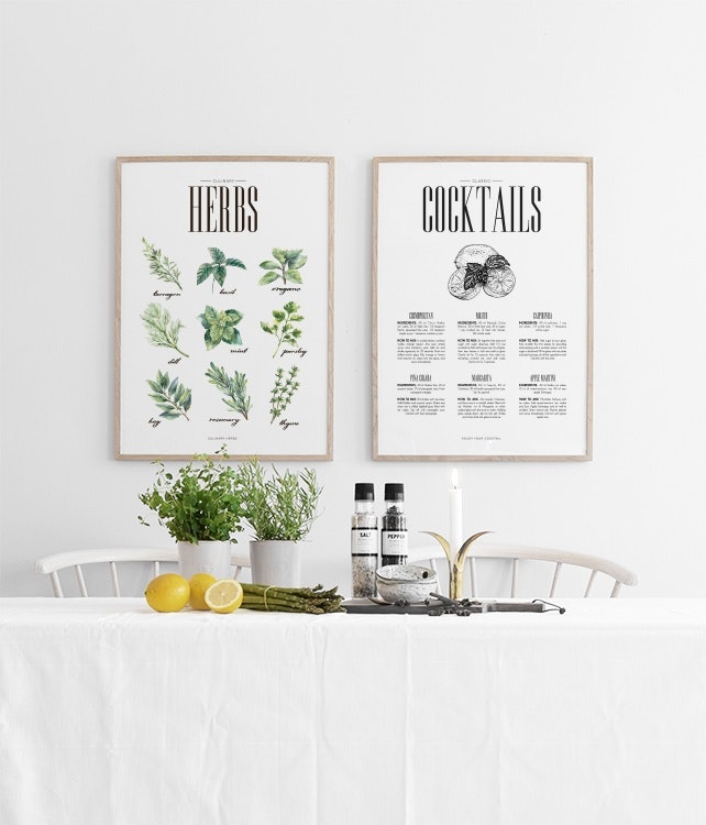 Posters and prints in collage in the kitchen with herbs and drink recipes