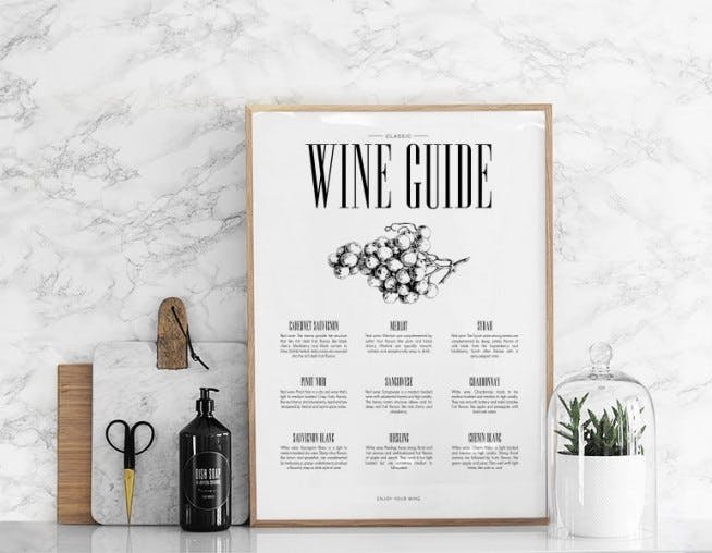 Wine guide print in black and white for the kitchen, prints for kitchen