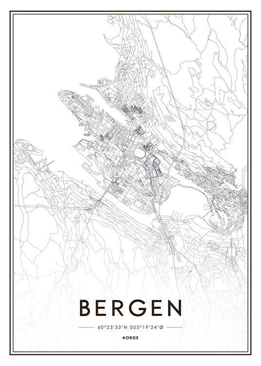 Póster con el mapa de Bergen para una decoración que crea tendencia