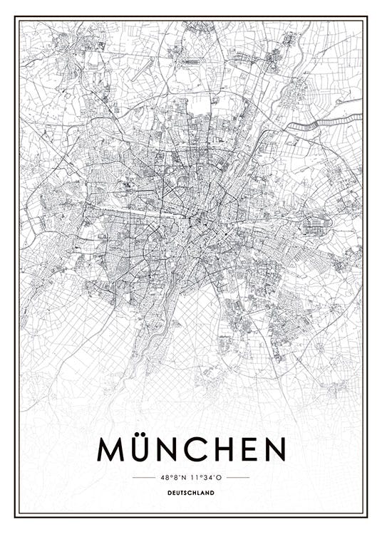 Mapa de Múnich en línea en blanco y negro