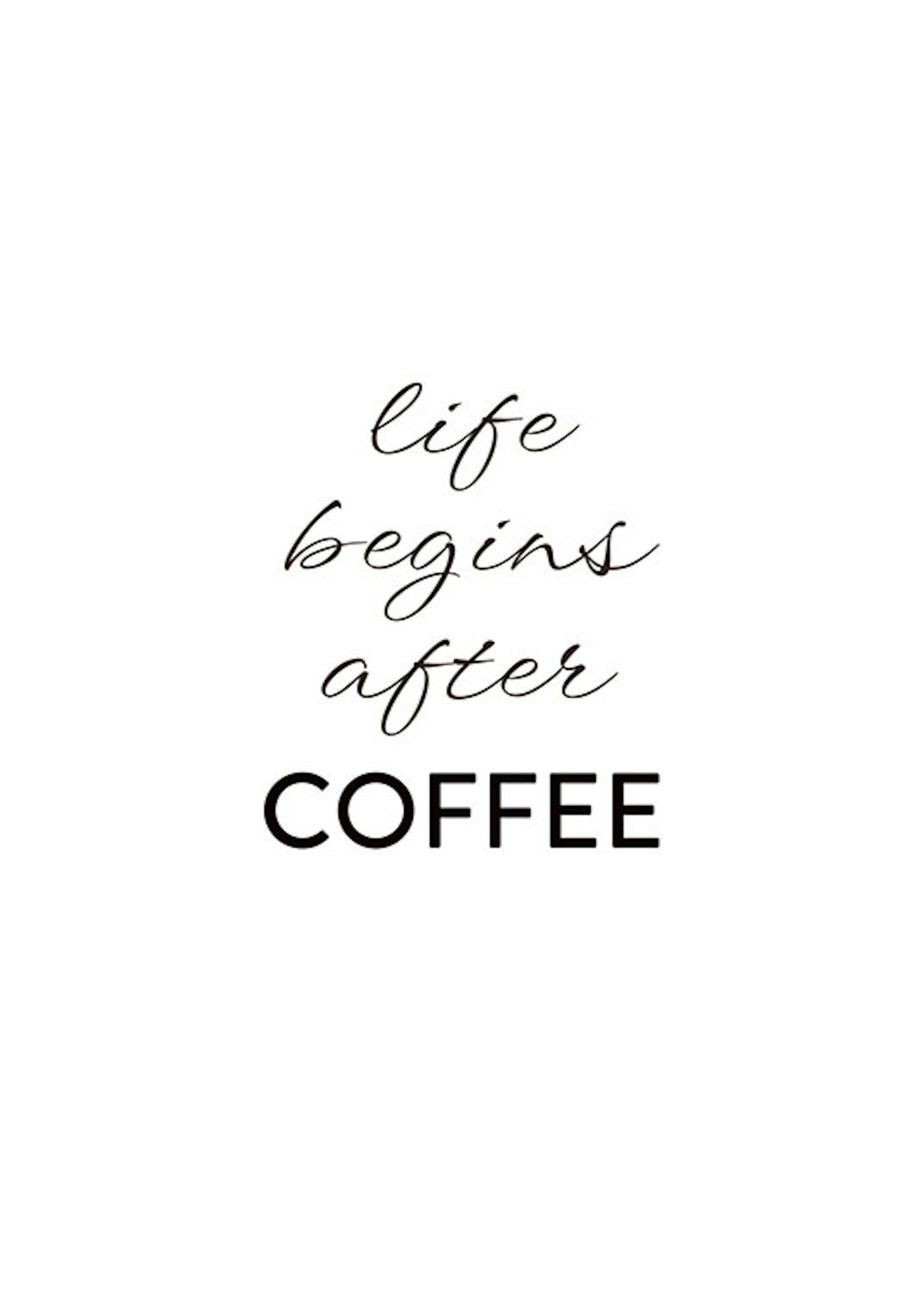 Plakat z napisem „Life begins after coffee”, zabawne cytaty
